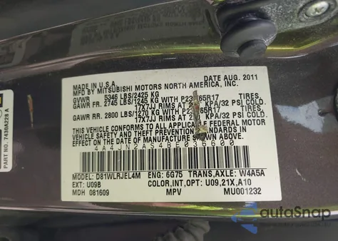 2011 Mitsubishi Endeavor из США, поврежденный, VIN 4A4JN2AS4BE036600